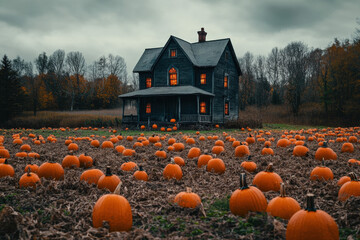Spooky, lit-up old house is emerging from a pumpkin patch on halloween night