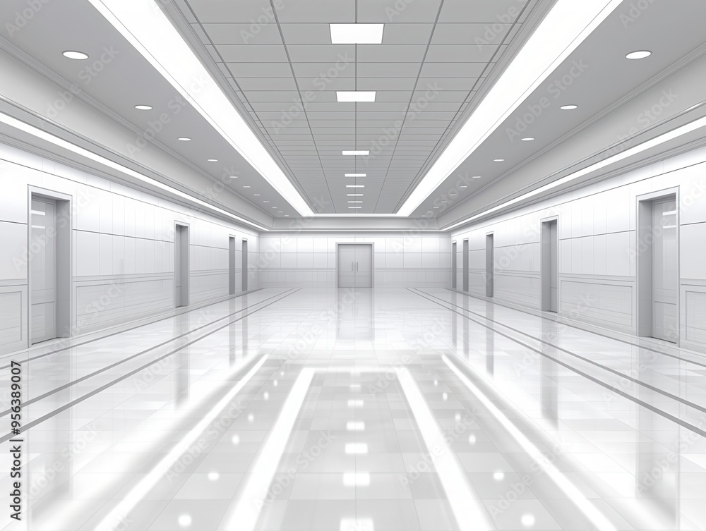 Poster modern hallway with sleek, reflective surfaces and efficient lighting creating a clean and spacious 
