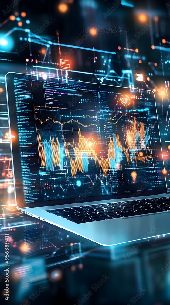 Poster laptop with data analysis and charts on screen.