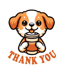 Adorable Cartoon happy Puppy Holding a Coffee Cup with Thank You Text Cute and Cheerful vector Illustration with cute Orange and White Colour Perfect for thanksgiving pet animal card Gratitude Message