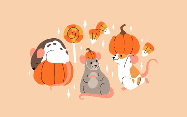 Obraz premium Vector set of mouse characters, Halloween kawaii cartoon style. Rats dressed up in pumpkin hat, Mouse with pumpkin and candies. Halloween and thanksgiving cartoon illustration