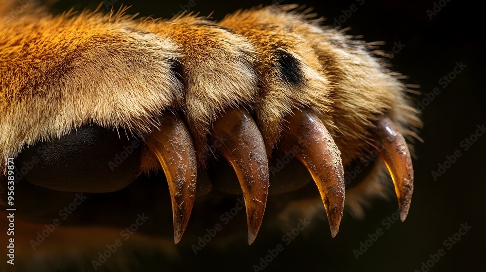 Poster macro shot of a powerful lion paw with razor sharp claws showcasing the fierce strength and predator