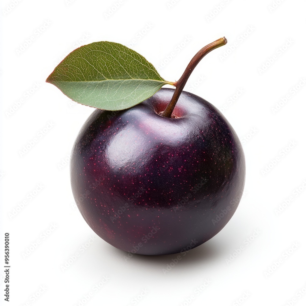 Poster A single, ripe, purple plum with a green leaf on a white background.