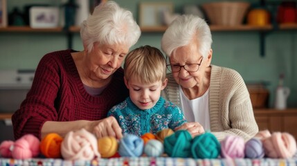 Grandparents teaching their grandchildren the traditional skills of knitting or sewing creating a heartwarming moment of family bonding and the passing down of cherished crafting traditions