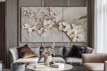 Elegant Floral Relief 3D Flower wall Art with Gold Accents on Marble Background. 3D floral marble background. 3D Flower wall tiles design in white background, 3D illustration