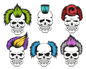 Skull punk with dyed colored hair creative Halloween character set vector flat illustration