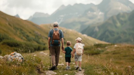 Obraz premium Family Hiking Adventure in Scenic Mountain Landscape Outdoor activity with group of people of different ages bonding and exploring the great outdoors together