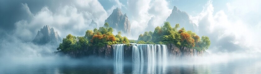 Naklejka premium Enchanted Floating Islands with Magical Waterfalls - 3D Surreal Illustration of Dreamlike Fantasy World