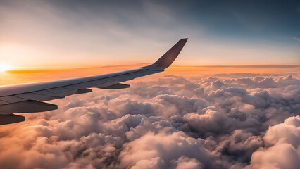 View of clouds and airplane wing above clouds at sunrise generated in AI