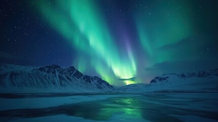 Naklejka premium Radiant Aurora Borealis Illuminating Snowy Night Sky with Green and Purple Lights - Magical Northern Lights Phenomenon