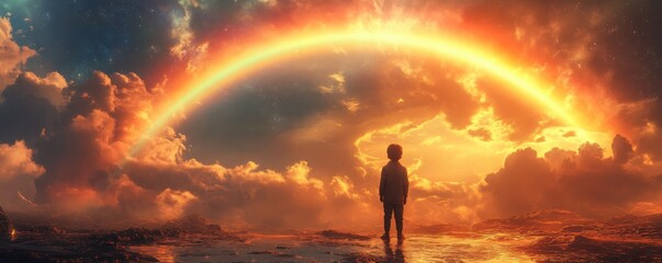 Wonderstruck Child - Delightful 3D Illustration of Kid Gazing at Stunning Rainbow Spectrum with Amazement and Awe