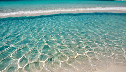 Obraz premium Crystal-clear turquoise water gently ripples over a sandy beach, reflecting sunlight and creating a peaceful, tropical atmosphere.