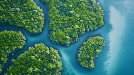 The drone captures a complex river delta where multiple channels of water flow through dense mangrove forests