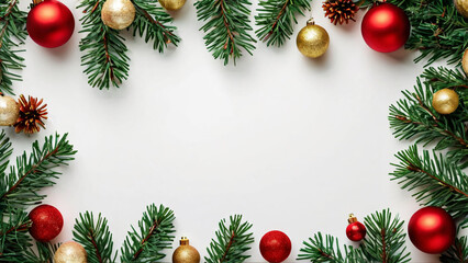 Christmas Background with Fir Branches Decorated with Red and Gold New Year Balls on White, Elegant and Festive
