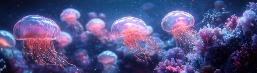 Obraz premium Exploring the Enchanting Ocean Depths: Glowing Sea Creatures in a Mesmerizing 3D Illustration