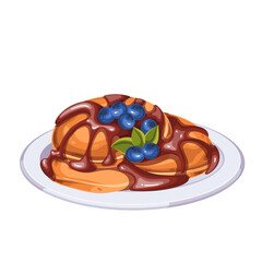 Serving thin pancakes with liquid chocolate topping on cartoon plate. Round pancakes pile with blueberry and dripping sauce. Breakfast mascot, cartoon rustic dessert portion vector illustration