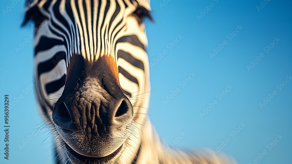 Poster striking zebra muzzle showcasing intricate striped fur texture in macro photography captivating blac