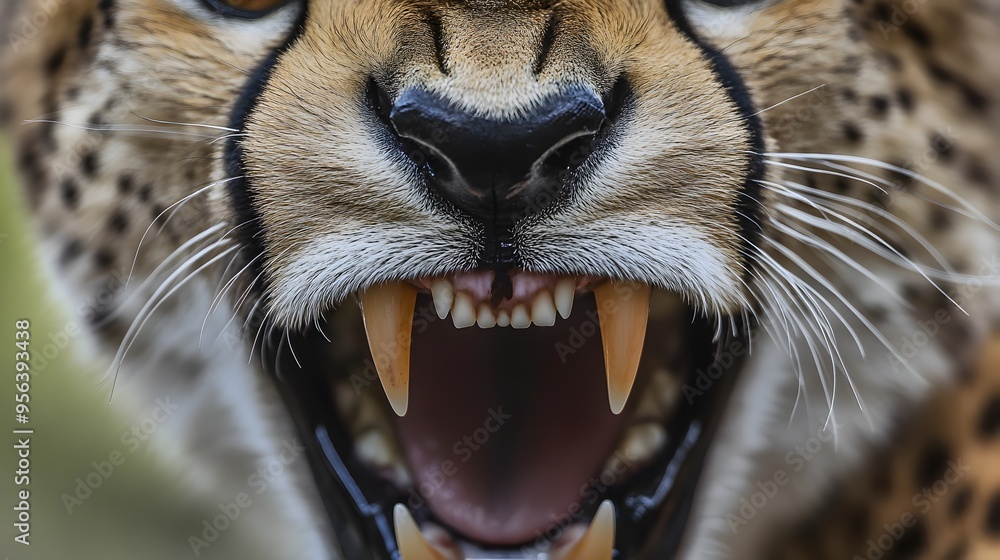 Poster captivating macro image of a cheetah s fierce fangs and teeth showcasing the predator s raw power an
