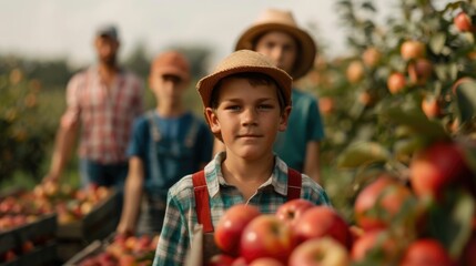 Heartwarming Scene of a Family Spending Time Together Picking Apples in a Picturesque Orchard During the Autumn Harvest Season