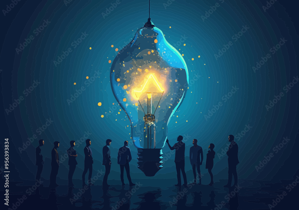 Poster teamwork innovation: diverse team collaborating on new project with giant light bulb concept, symbol