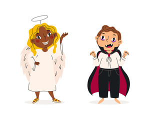 Set of funny kids in halloween costumes. Vector illustration. Happy and cute carnival children. Angel and vampire and princess. Characters design. For stickers, kids design, holiday banners