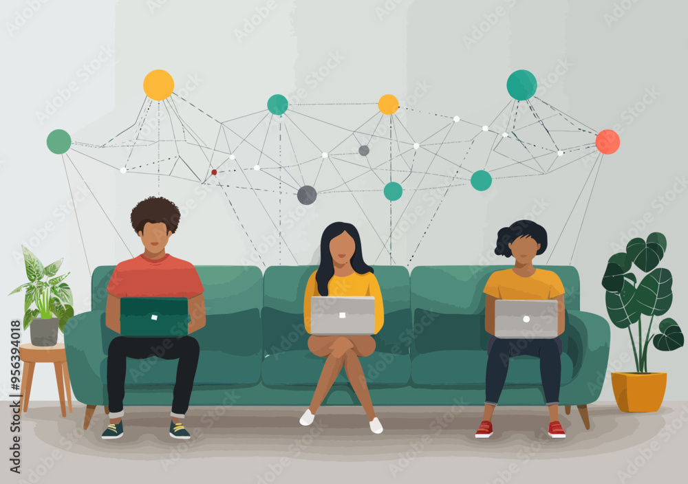 Aufkleber online social network concept - friends communicating via laptops on a sofa with minimalistic networ