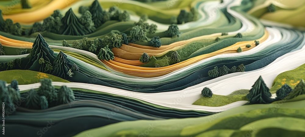 Poster 25. abstracted landscape of layered paper cut elements creating a textured, three-dimensional arrang