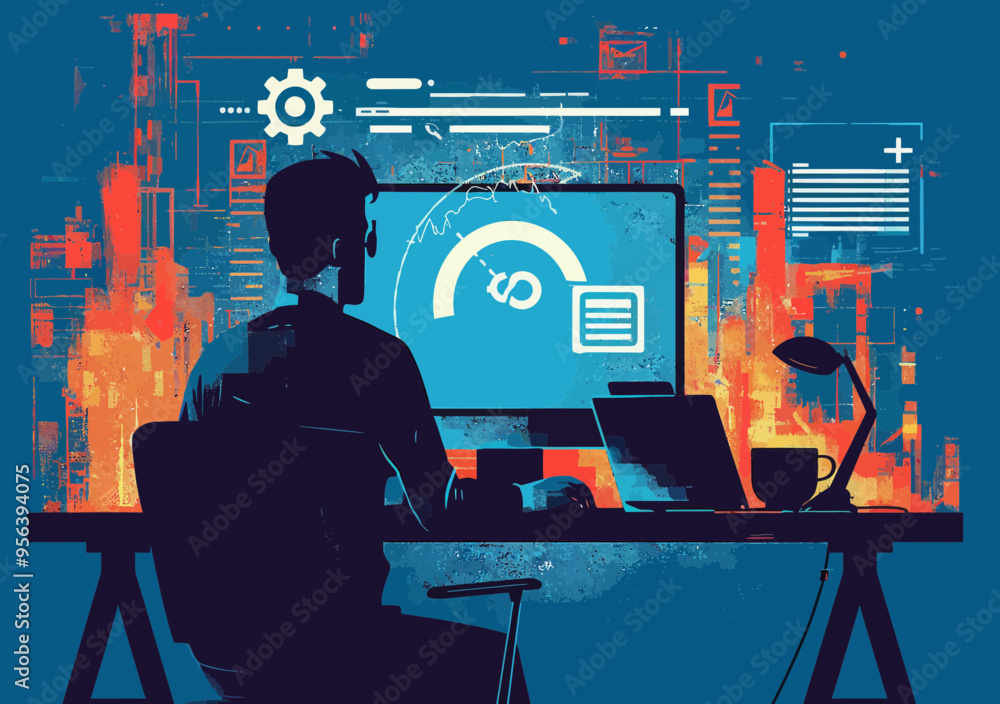 Poster online technical support operator assisting customer at night, business vector illustration with com