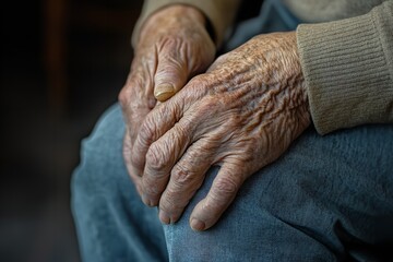 Fototapeta premium Close-up of an elderly man’s hand gripping his knee, experiencing joint and bone pain. A mature man massages his aching knee while seated, suffering from discomfort at home.
