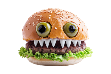 A creative burger designed to look like a monster face, with olives for eyes and cheese for teeth isolated on white background. Fun food concept for Halloween