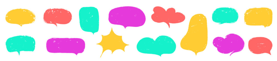 Crayon speech bubble set. Round, cloud and star frame for text. Chalk texture speech dialog balloon. Crayon bubble for talk and comic design. Vector illustration