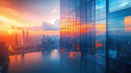 The advanced city skyline is illuminated by a vibrant sunset, with reflections on glass skyscrapers displaying shades of orange and blue over a tranquil river