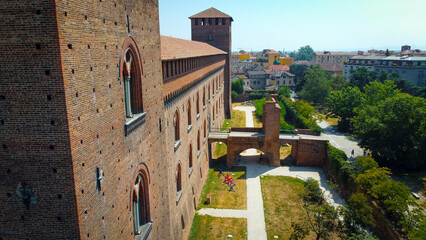 Aerial view of the Visconti castle of Pavia in Lombardy. large ancient fortress and splendid seat of a refined court. Museum and Italian cultural heritage in the tourist city of Pavia, Italy.
