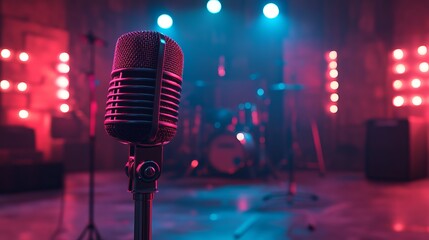 A vintage microphone in a colorful music venue ready for performance