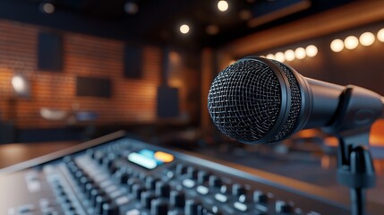 Microphone and audio mixer in a recording studio during a live session