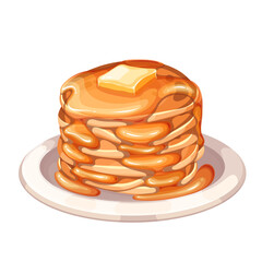 Pancake stack with piece of butter, honey or maple syrup on cartoon plate. Liquid toppings flowing over fluffy cooked flapjacks pile. Breakfast recipe mascot, cartoon hot pancakes vector illustration