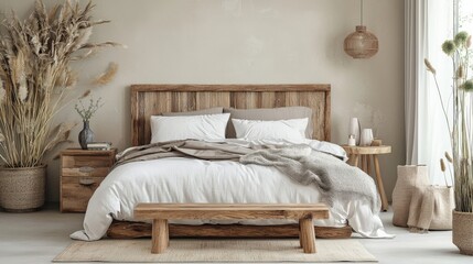 Scandinavian-inspired bedroom interior with natural materials and soft tones