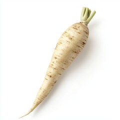 A single, whole, white parsnip with a green stem, isolated on a white background.