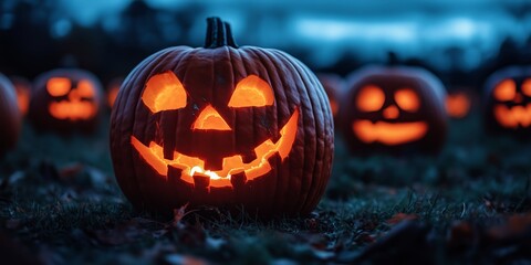 An eerie yet captivating Halloween scene featuring a field filled with glowing jack-o’-lanterns under a moody, darkening sky. 