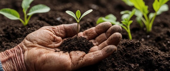 Expert hand of farmer checking soil health before growth a seed of vegetable or plant seedling, Business or ecology concept, analyze complex data sets in real-time, with a digital interface overlaid o