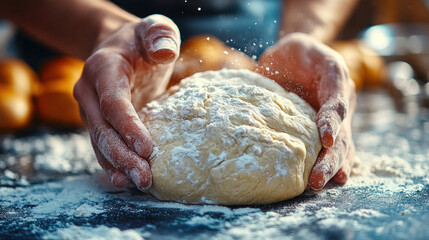 Fototapeta premium Kneading Dough: Hands kneading a ball of bread dough on a floured surface, capturing the process of creating homemade bread.