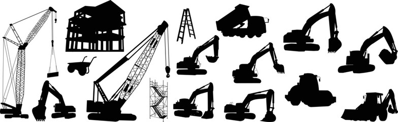 Construction equipment set of silhouettes on white background, vector