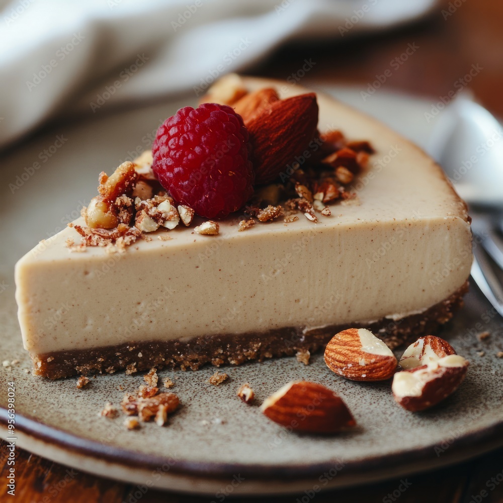 Wall mural A slice of cheesecake with a raspberry, almonds, and a crumble topping.