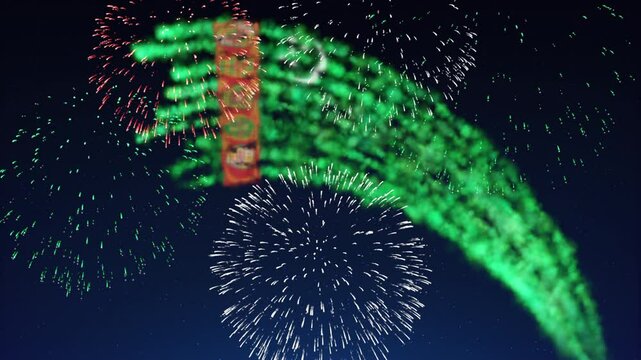 Turkmenistan national holiday banner template. Fireworks turkmen flag on dark sky background. Turkmenistan flag fireworks. Template, place for text, copy space. Animated greeting card. Seamless loop
