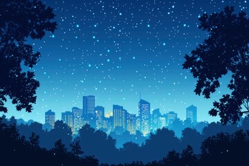 Fototapeta premium Nighttime Cityscape with Starry Sky and Trees