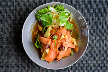 Thai food menu Close-up, Spicy Salmon Salad