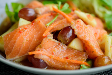Thai food menu Close-up, Spicy Salmon Salad