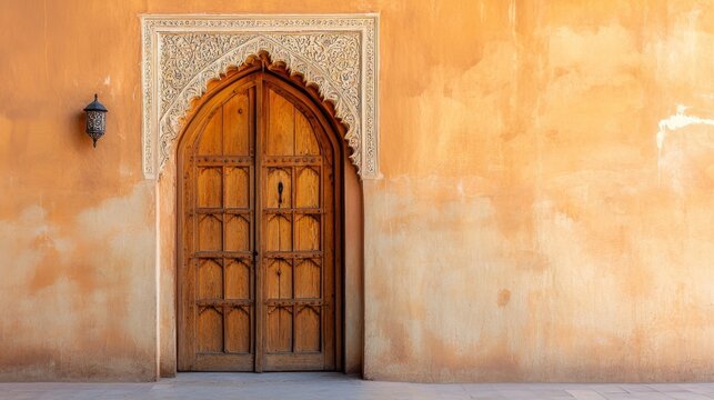 A traditional Omani Arabic wooden door, with solid wall. Copy space. Oman 