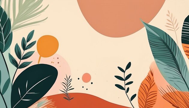 Colorful flowers and leaves poster background  Exotic plants, branches, flowers and leaves art print for beauty, fashion and natural 