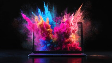Colorful photo of laptop with dark screen and color explosion in studio, created with Generative AI.